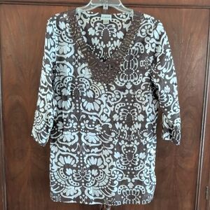 Chico's Elegant Brown and Cream Floral Tunic